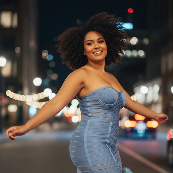 NEW•CREME DE LA CREME SABRINA BLUE BANDAGE SEXY BODYCON DRESS•1X-3X - Picture 3 of 16